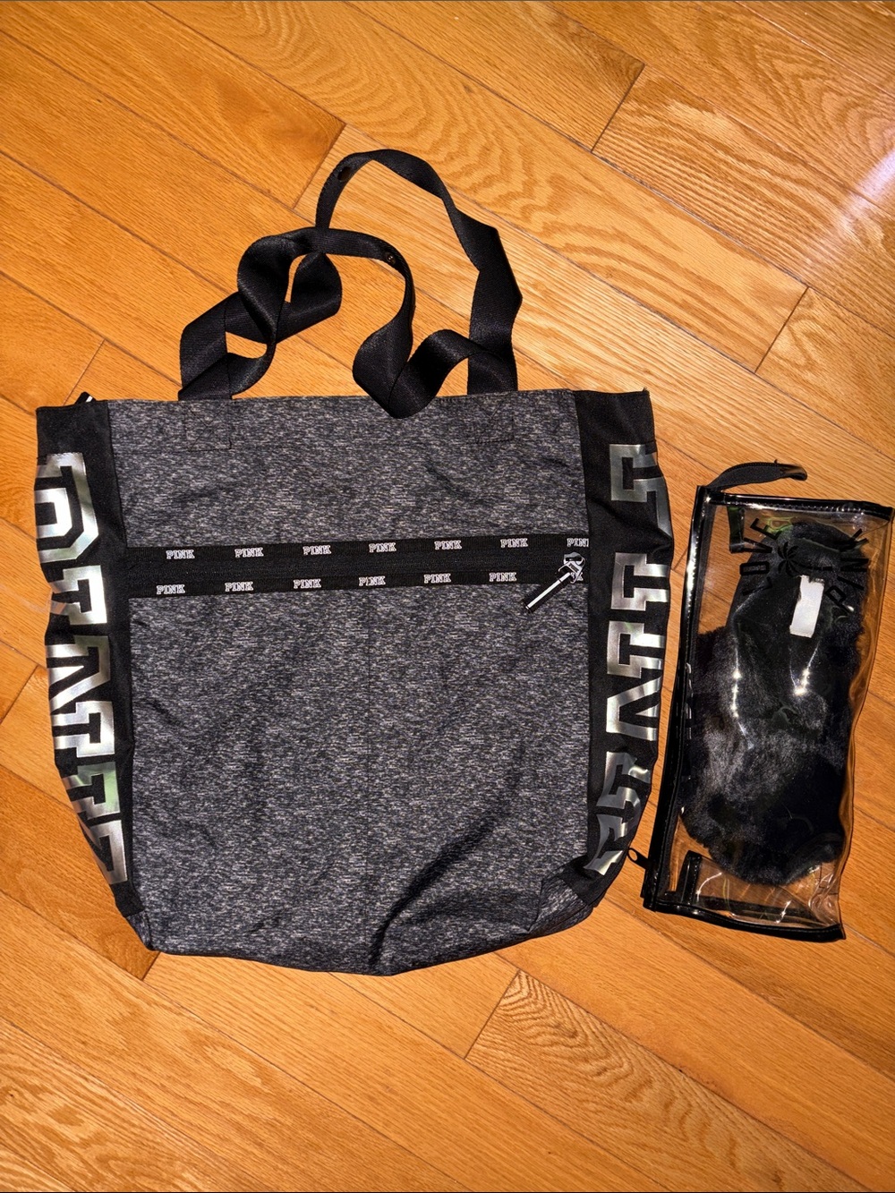 PINK Victoria's Secret Bundle Gray Logo Duffel Tote and Faux fur Slide 8